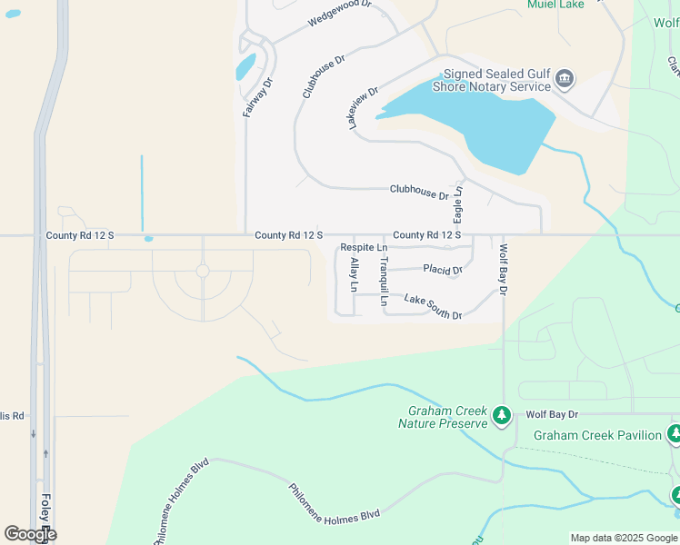 map of restaurants, bars, coffee shops, grocery stores, and more near 22505 Respite Lane in Foley