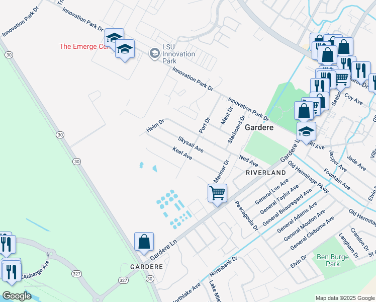 map of restaurants, bars, coffee shops, grocery stores, and more near 8157 Keel Avenue in Baton Rouge