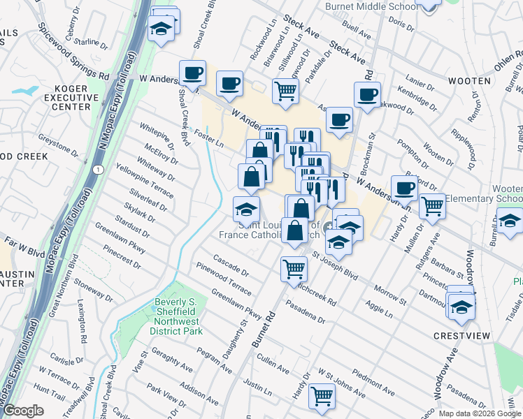 map of restaurants, bars, coffee shops, grocery stores, and more near 7714 Northcross Drive in Austin
