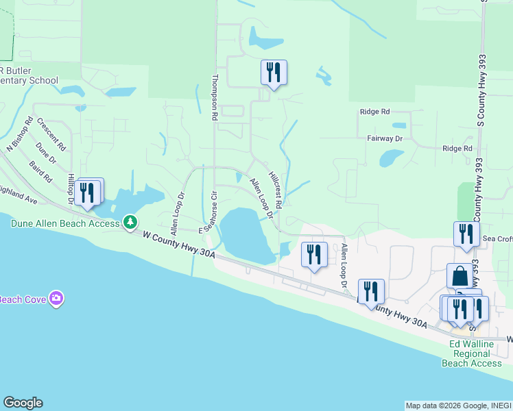 map of restaurants, bars, coffee shops, grocery stores, and more near 31 Oyster Lake Drive in Santa Rosa Beach