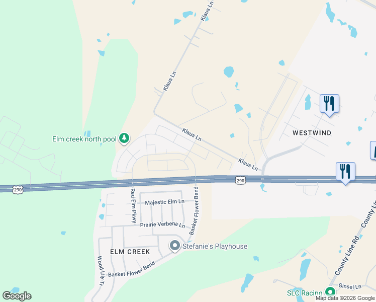 map of restaurants, bars, coffee shops, grocery stores, and more near 13340-13574 Klaus Lane in Elgin