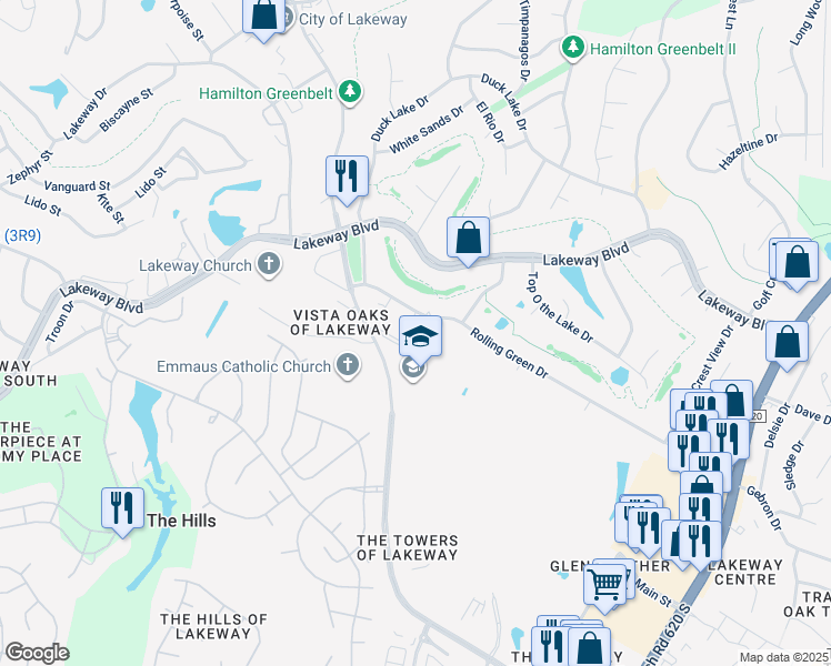 map of restaurants, bars, coffee shops, grocery stores, and more near 709 Show Low Court in Lakeway