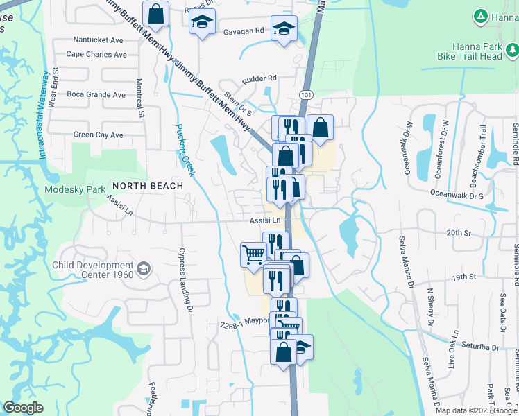 map of restaurants, bars, coffee shops, grocery stores, and more near 791 Assisi Lane in Atlantic Beach