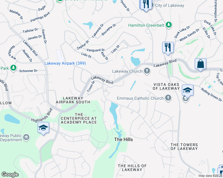 map of restaurants, bars, coffee shops, grocery stores, and more near 107 Birdie Drive in The Hills
