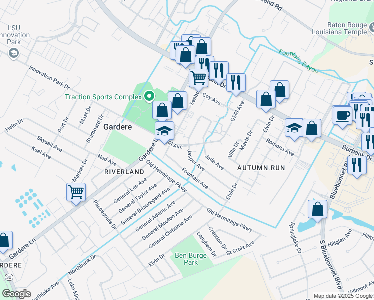 map of restaurants, bars, coffee shops, grocery stores, and more near 8656 GSRI Avenue in Baton Rouge