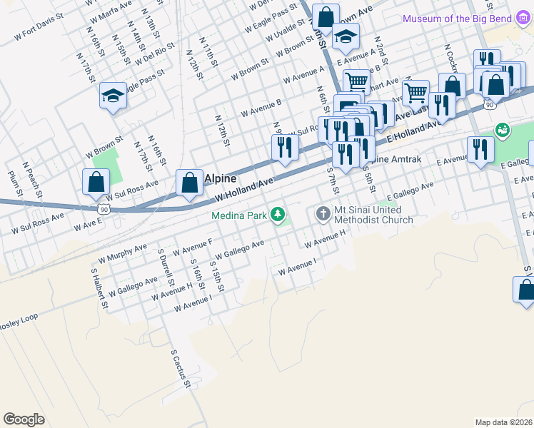 map of restaurants, bars, coffee shops, grocery stores, and more near 604 West Avenue F in Alpine