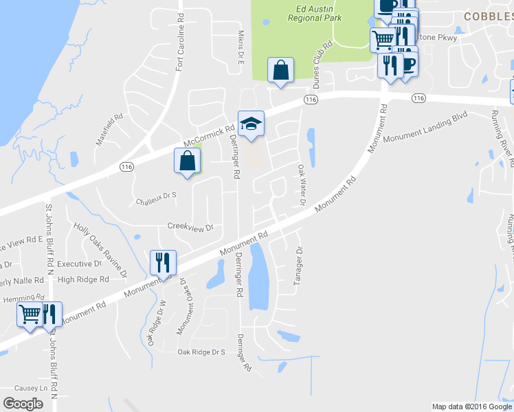 map of restaurants, bars, coffee shops, grocery stores, and more near 1949 Derringer Road in Jacksonville