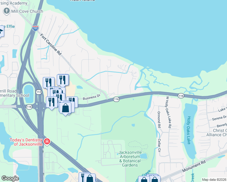 map of restaurants, bars, coffee shops, grocery stores, and more near 9815 Fort Caroline Road in Jacksonville