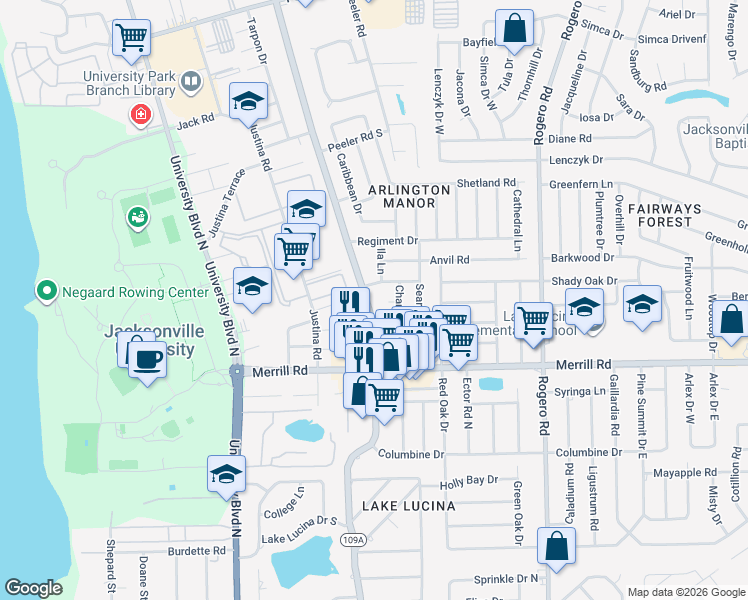 map of restaurants, bars, coffee shops, grocery stores, and more near 2917 Florida 109A in Jacksonville