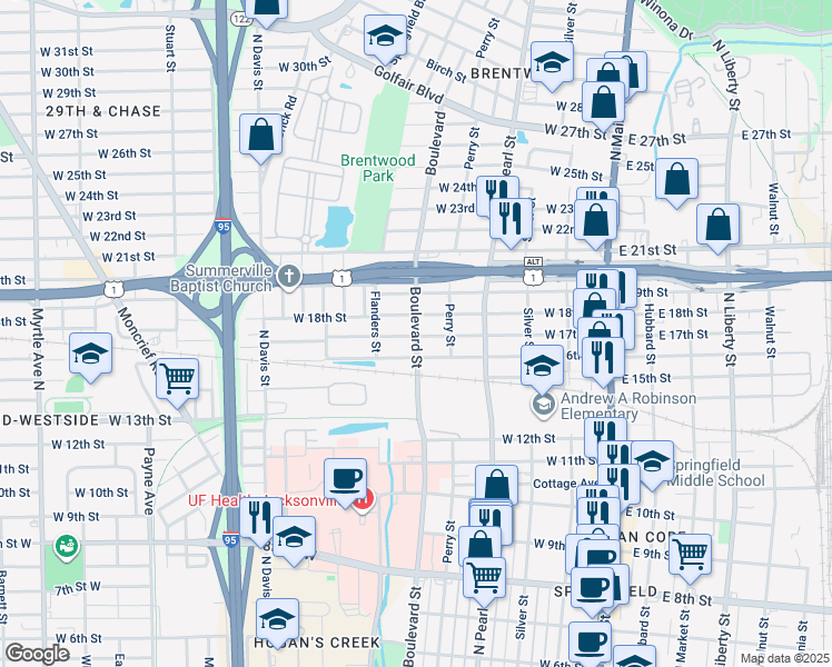 map of restaurants, bars, coffee shops, grocery stores, and more near 2622 Boulevard in Jacksonville