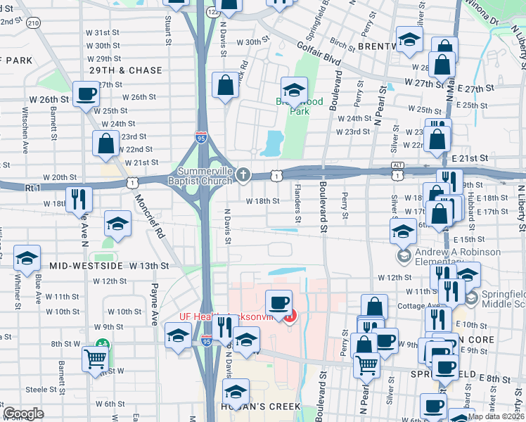 map of restaurants, bars, coffee shops, grocery stores, and more near 664 West 17th Street in Jacksonville