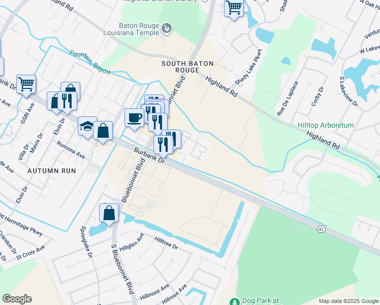 map of restaurants, bars, coffee shops, grocery stores, and more near 10705 Burbank Drive in Baton Rouge
