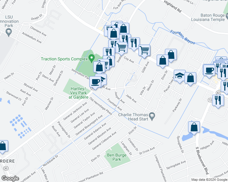 map of restaurants, bars, coffee shops, grocery stores, and more near 8646 GSRI Avenue in Baton Rouge