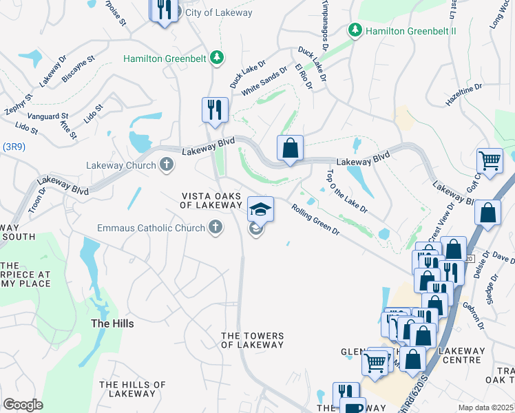 map of restaurants, bars, coffee shops, grocery stores, and more near 709 Show Low Court in Lakeway