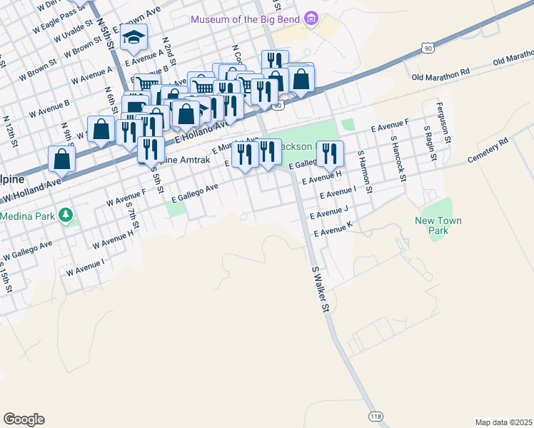 map of restaurants, bars, coffee shops, grocery stores, and more near 600 East Avenue I in Alpine