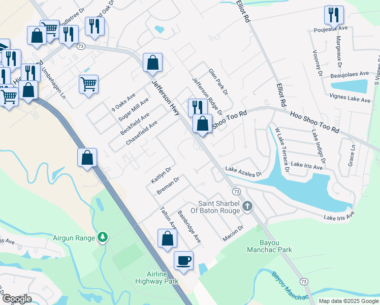 map of restaurants, bars, coffee shops, grocery stores, and more near 18210 Jefferson Highway in Baton Rouge