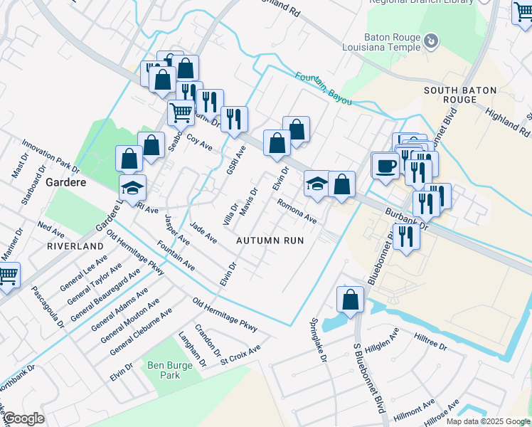 map of restaurants, bars, coffee shops, grocery stores, and more near 1055 Elvin Drive in Baton Rouge
