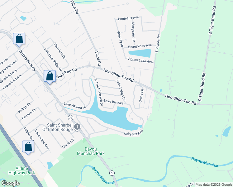 map of restaurants, bars, coffee shops, grocery stores, and more near 18429 Lakefield Avenue in Baton Rouge