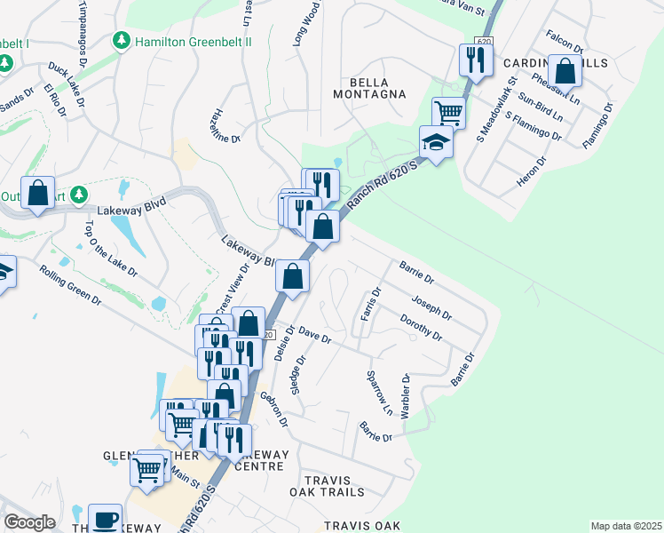 map of restaurants, bars, coffee shops, grocery stores, and more near 65 White Magnolia Circle in Lakeway