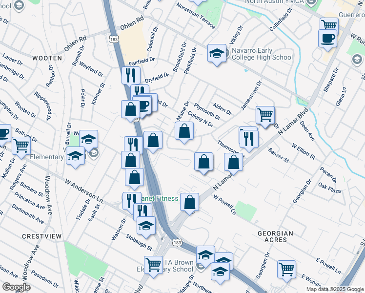 map of restaurants, bars, coffee shops, grocery stores, and more near 8417 Bangor Bend in Austin