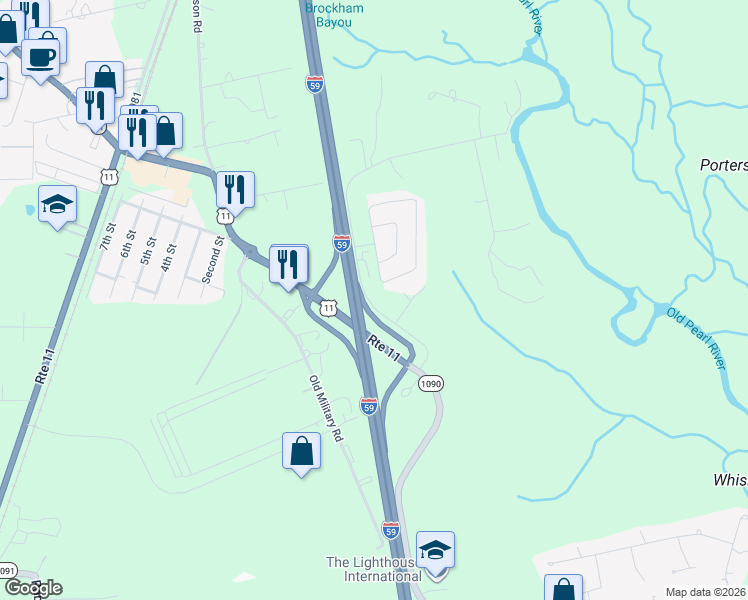 map of restaurants, bars, coffee shops, grocery stores, and more near Interstate 59 in Pearl River