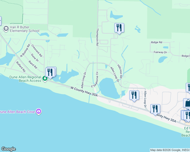 map of restaurants, bars, coffee shops, grocery stores, and more near 229 East Seahorse Circle in Santa Rosa Beach