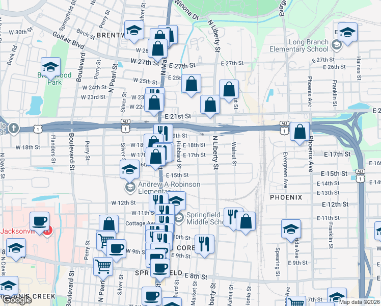 map of restaurants, bars, coffee shops, grocery stores, and more near 2622 Market Street in Jacksonville