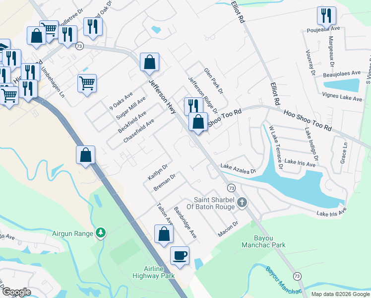 map of restaurants, bars, coffee shops, grocery stores, and more near 18210 Jefferson Highway in Baton Rouge