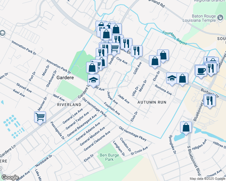 map of restaurants, bars, coffee shops, grocery stores, and more near 1526 Jade Avenue in Baton Rouge