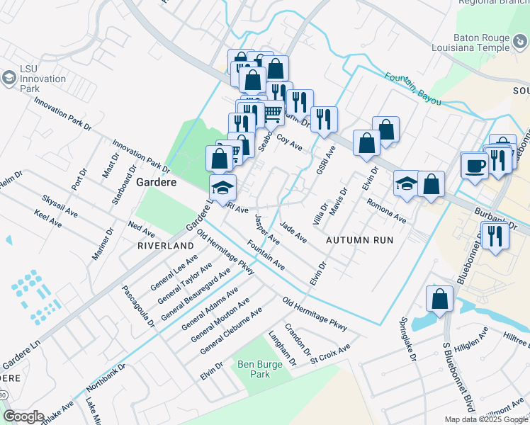 map of restaurants, bars, coffee shops, grocery stores, and more near 1526 Jade Avenue in Baton Rouge