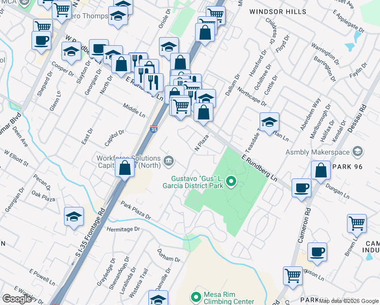 map of restaurants, bars, coffee shops, grocery stores, and more near 9200 North Plaza in Austin