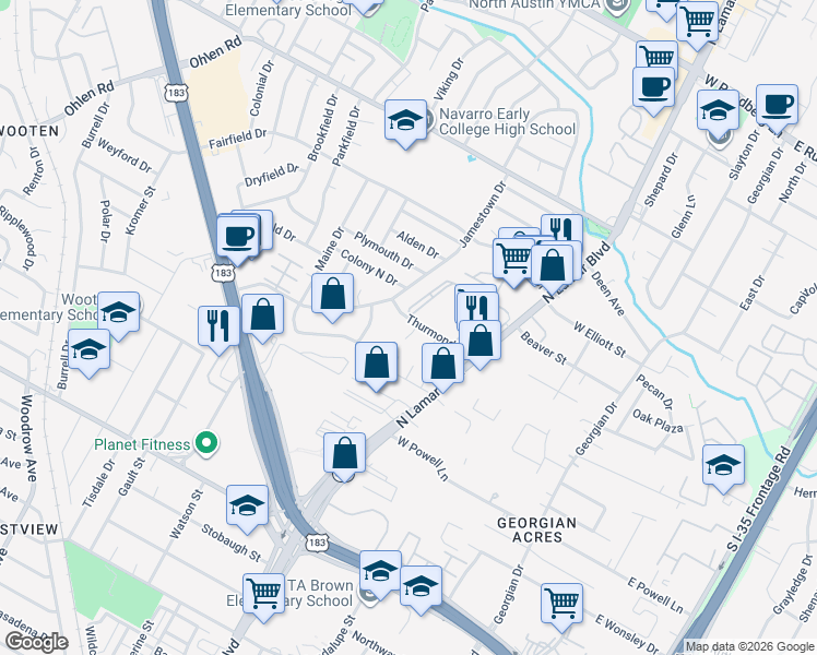 map of restaurants, bars, coffee shops, grocery stores, and more near 8426 Goldfinch Court in Austin