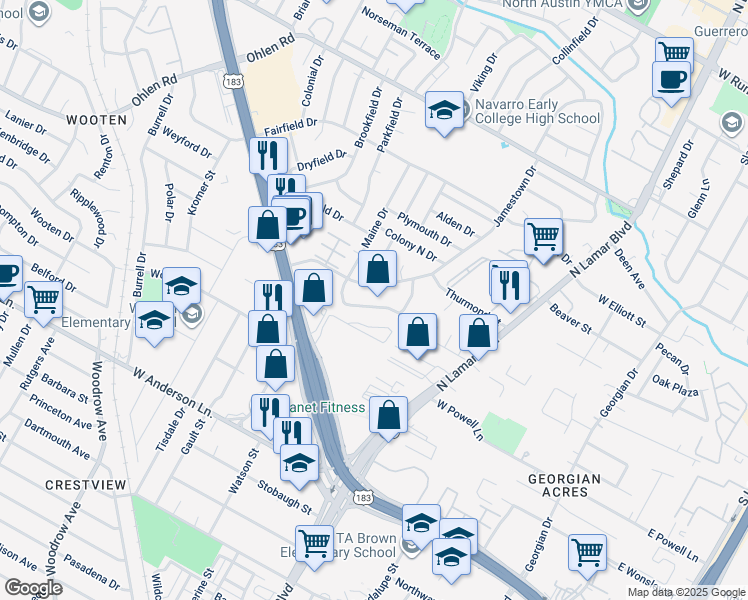 map of restaurants, bars, coffee shops, grocery stores, and more near 8417 Bangor Bend in Austin