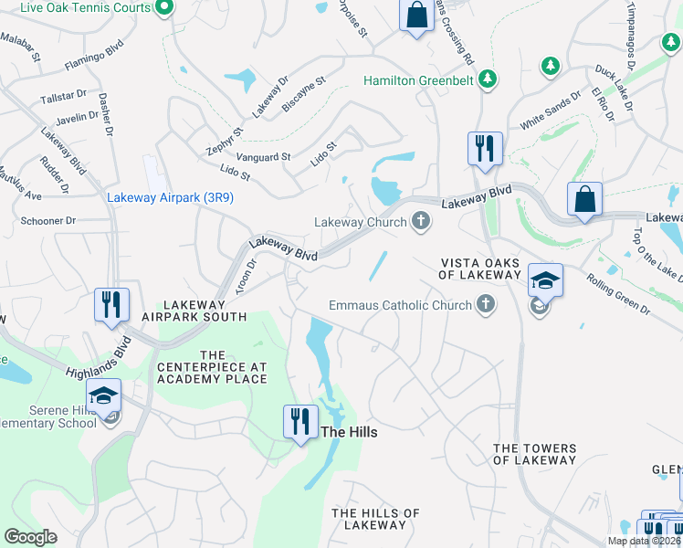 map of restaurants, bars, coffee shops, grocery stores, and more near 116 Double Eagle Drive in Austin