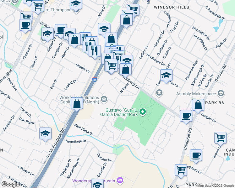 map of restaurants, bars, coffee shops, grocery stores, and more near 9200 North Plaza in Austin