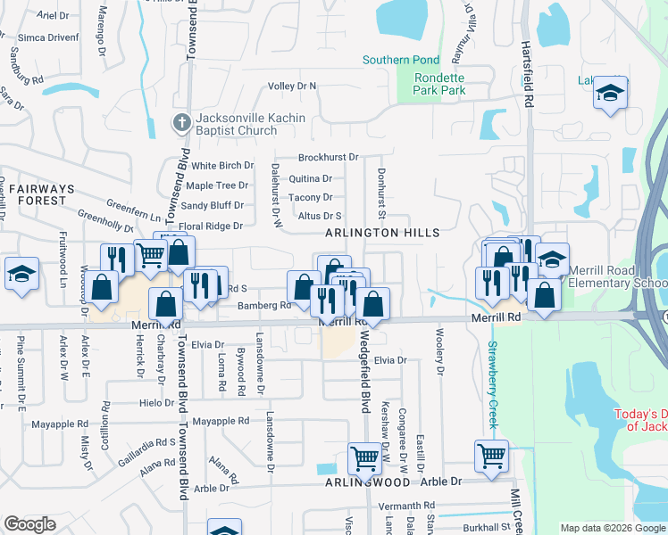 map of restaurants, bars, coffee shops, grocery stores, and more near 2919 Salem Court in Jacksonville