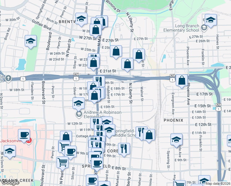 map of restaurants, bars, coffee shops, grocery stores, and more near 2622 Market Street in Jacksonville