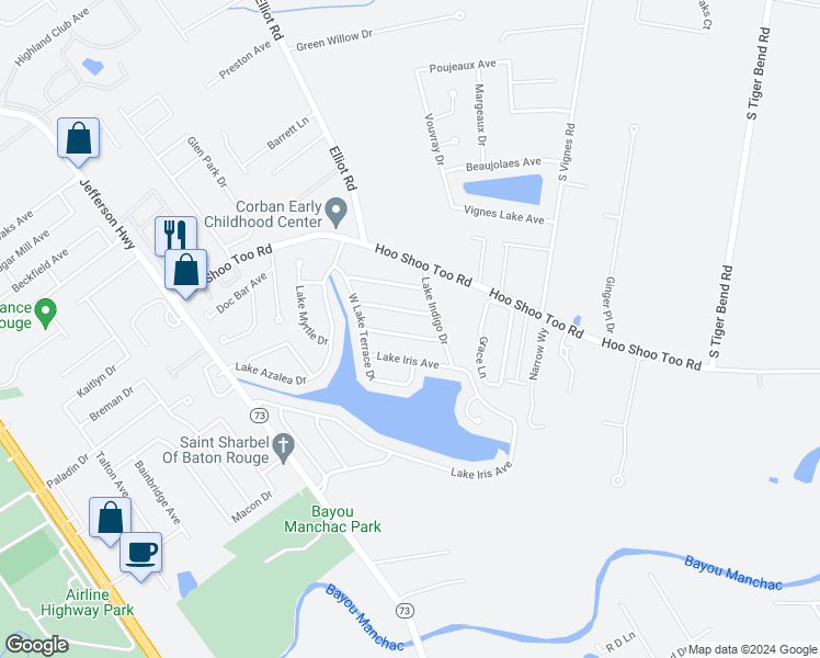 map of restaurants, bars, coffee shops, grocery stores, and more near 18460 Lakefield Avenue in Baton Rouge