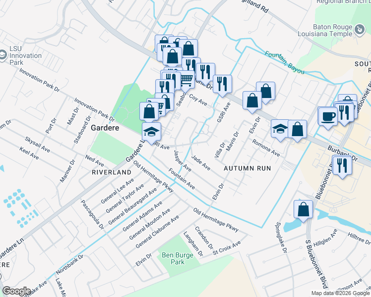 map of restaurants, bars, coffee shops, grocery stores, and more near 1526 Jade Avenue in Baton Rouge