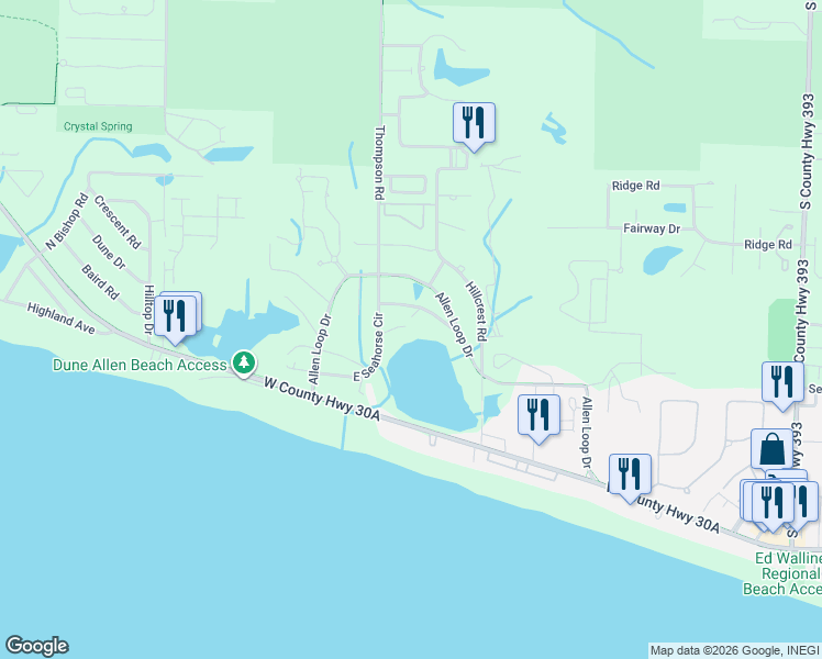 map of restaurants, bars, coffee shops, grocery stores, and more near 44 Dune Breeze Lane in Santa Rosa Beach