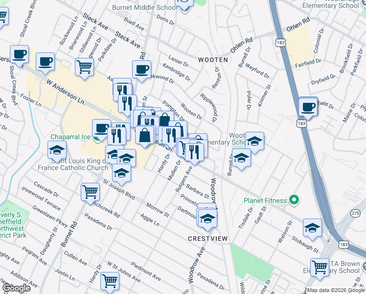 map of restaurants, bars, coffee shops, grocery stores, and more near 7914 Mullen Drive in Austin