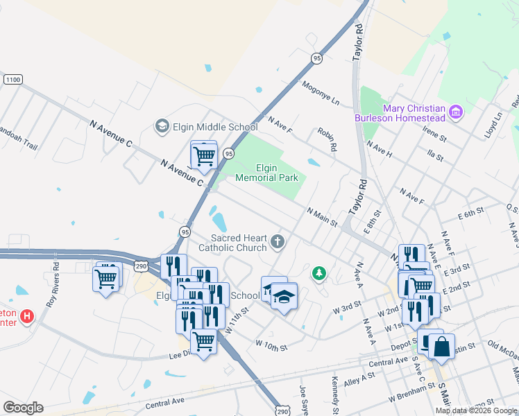 map of restaurants, bars, coffee shops, grocery stores, and more near 1119 North Avenue C in Elgin