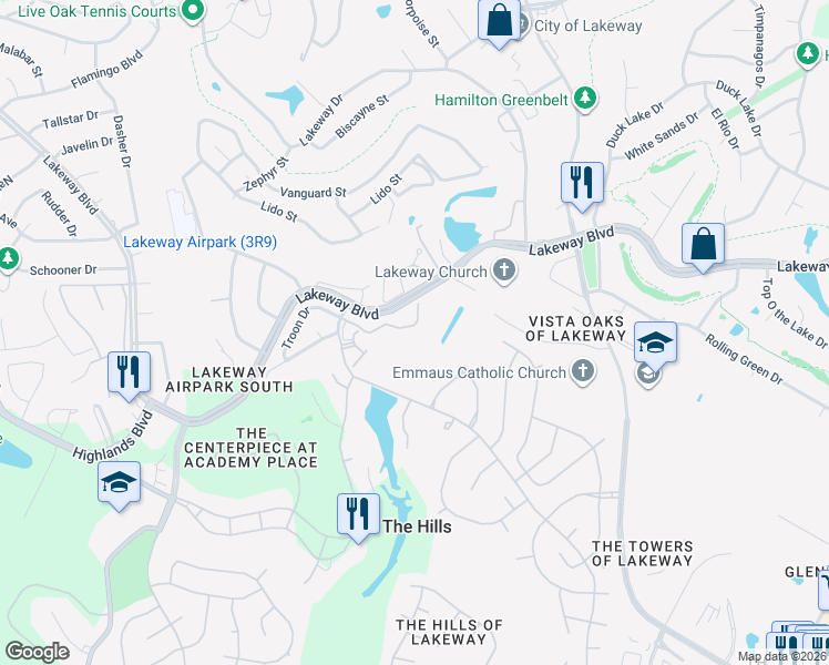 map of restaurants, bars, coffee shops, grocery stores, and more near 142 Double Eagle Drive in Austin