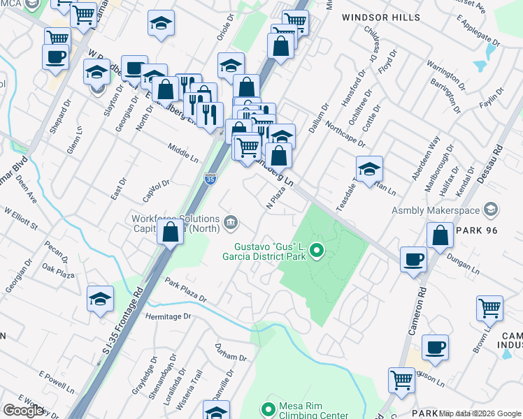 map of restaurants, bars, coffee shops, grocery stores, and more near 8800 Interstate 35 in Austin