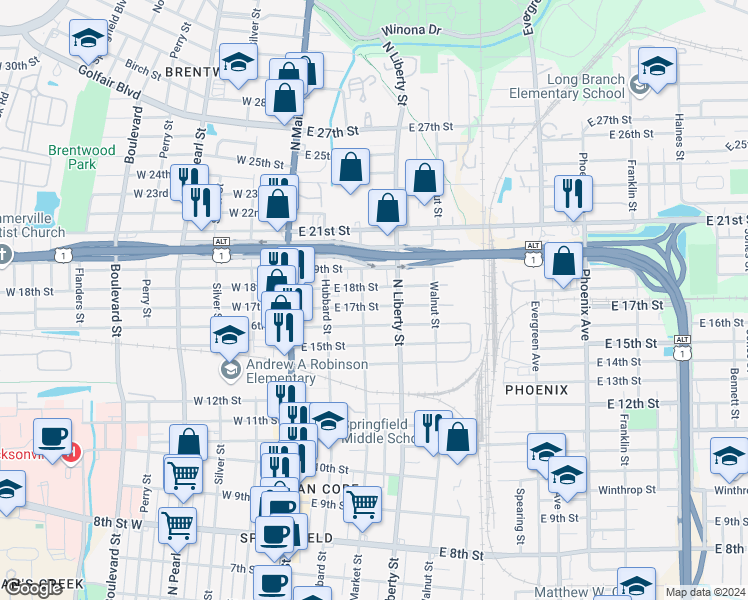map of restaurants, bars, coffee shops, grocery stores, and more near 2616 North Liberty Street in Jacksonville