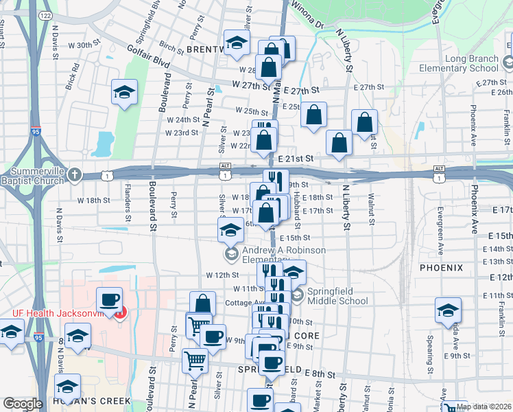 map of restaurants, bars, coffee shops, grocery stores, and more near 102 West 17th Street in Jacksonville