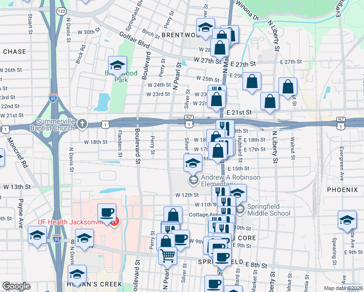 map of restaurants, bars, coffee shops, grocery stores, and more near 2618 Silver Street in Jacksonville