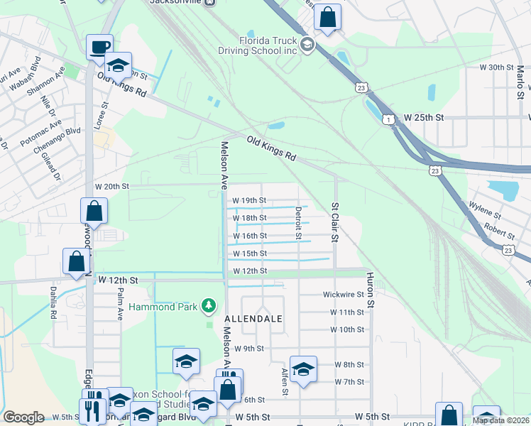 map of restaurants, bars, coffee shops, grocery stores, and more near 3072 West 18th Street in Jacksonville