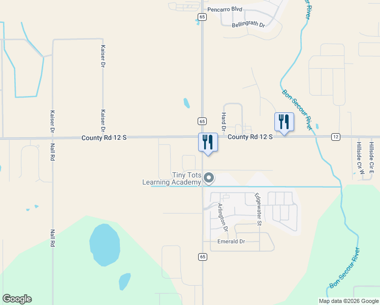map of restaurants, bars, coffee shops, grocery stores, and more near 17940 County Road 65 in Foley