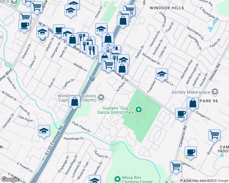 map of restaurants, bars, coffee shops, grocery stores, and more near 9200 North Plaza in Austin